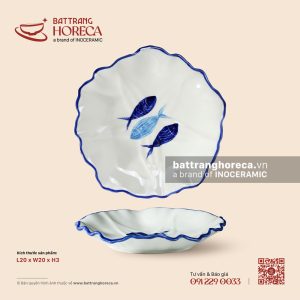 Đĩa hoa nổi 20cm - Lam Ngư - Men ngà