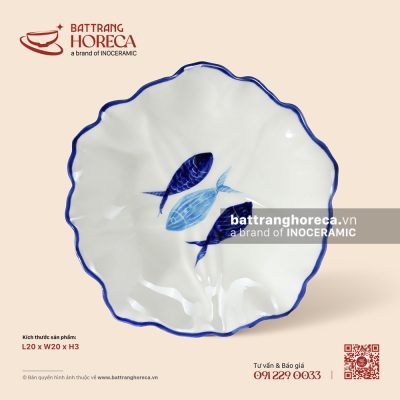 Đĩa hoa nổi 20 x 20cm – Lam Ngư – Men ngà
