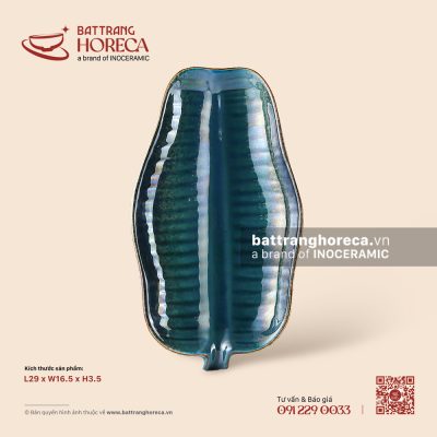 Đĩa lá chuối 29 x 16,5cm – Lam Hải – Men hoả biến