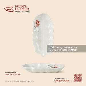 Đĩa lá chuối sâu 30.5 x 15.5cm – Hoa Ban – Men tấm - Bát Tràng Horeca Đĩa lá chuối sâu 30.5 x 15.5cm – Hoa Ban – Men tấm