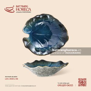 Đĩa lá khoai sâu 23 x 20cm – Lam Hải – Men hoả biến