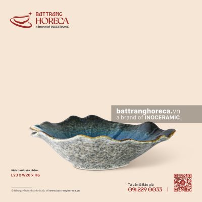 Đĩa lá khoai sâu 23 x 20cm – Lam Hải – Men hoả biến