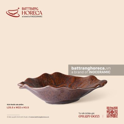 Đĩa lá khoai sâu 25,5 x 22cm – Huyết Mộc – Men hoả biến