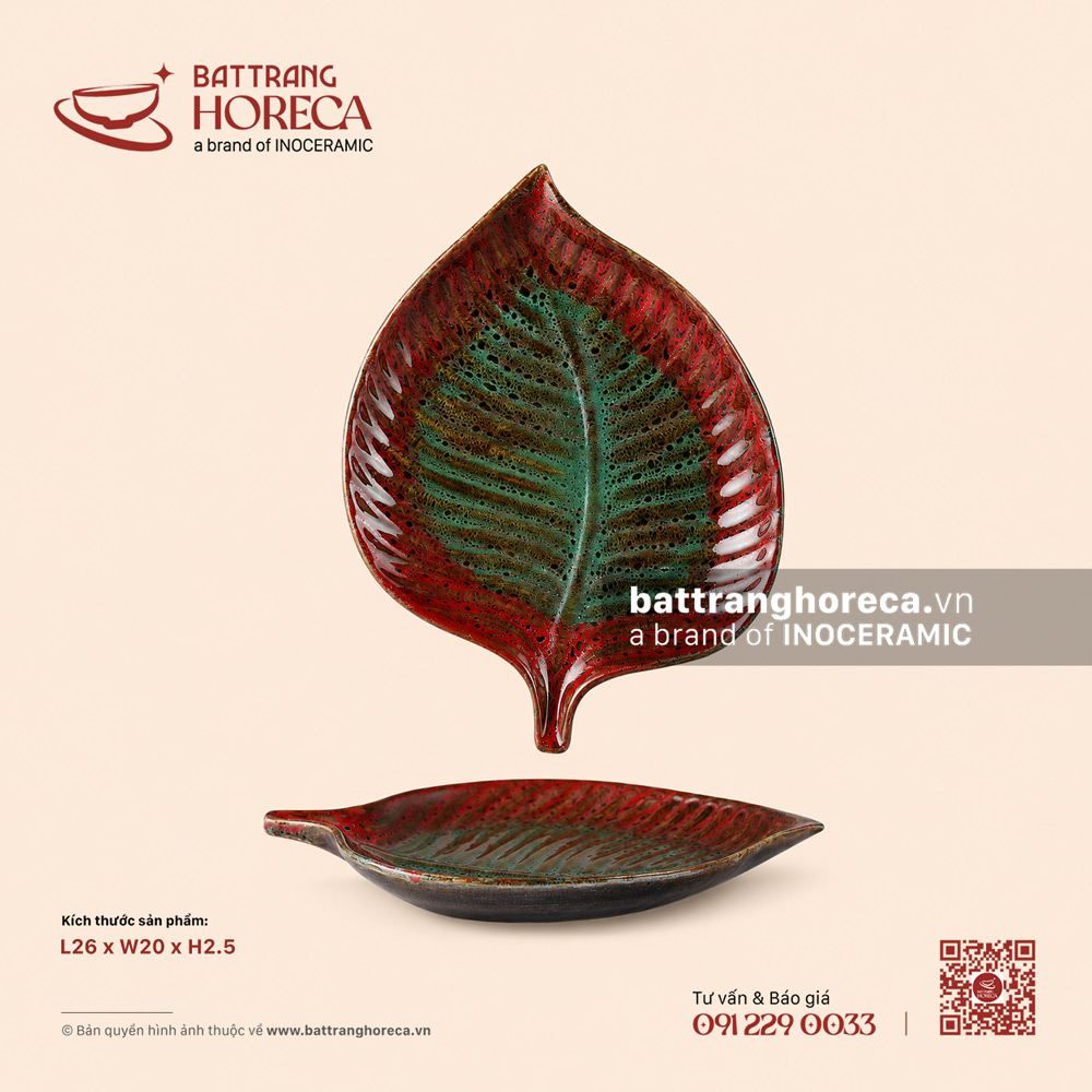 Đĩa lá trầu 26 x 20cm - Dưa Hấu - Men hoả biến - Bát Tràng Horeca Đĩa lá trầu 26 x 20cm - Dưa Hấu - Men hoả biến