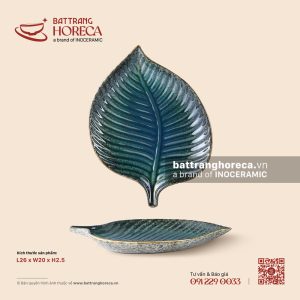 Đĩa lá trầu 26 x 20cm – Lam Hải – Men hoả biến