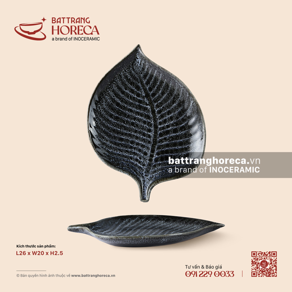 Đĩa lá trầu 26 x 20cm - Huyền Dạ - Men hoả biến - Bát Tràng Horeca Đĩa lá trầu 26 x 20cm - Huyền Dạ - Men hoả biến