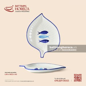 Đĩa lá trầu 30 x 22cm - Lam Ngư - Men ngà