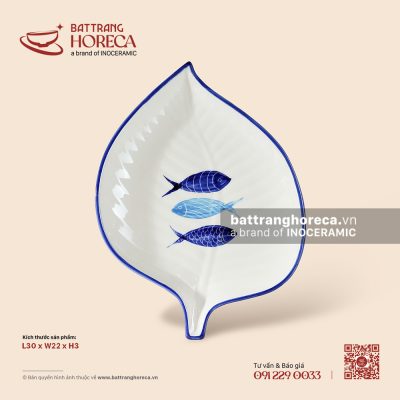 Đĩa lá trầu 30 x 22cm – Lam Ngư – Men ngà