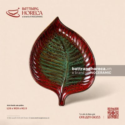 Đĩa lá trầu 26 x 20cm – Dưa Hấu – Men hoả biến
