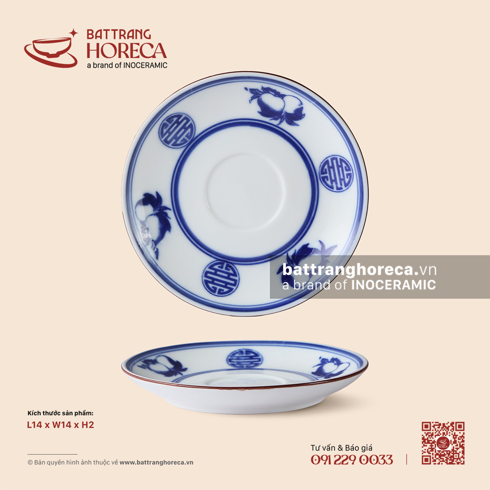 Đĩa lót chén 14cm - Thọ Đào - Men trắng - Bát Tràng Horeca Đĩa lót chén 14cm - Thọ Đào - Men trắng