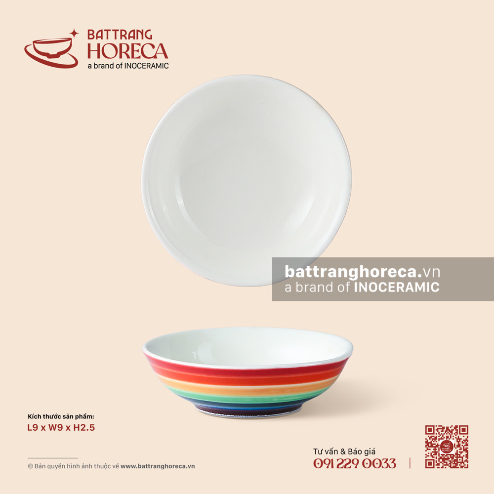Đĩa muối 9cm - Cầu Vồng - Men màu - Bát Tràng Horeca Đĩa muối 9cm - Cầu Vồng - Men màu