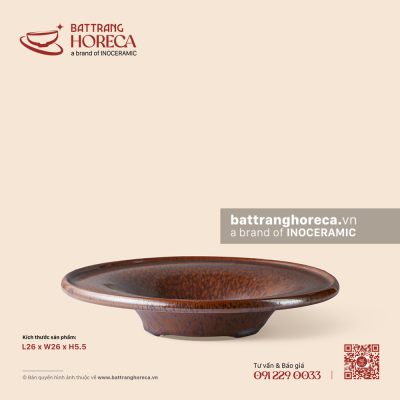 Đĩa nón sâu 3 chân 26cm – Huyết Mộc – Men hoả biến