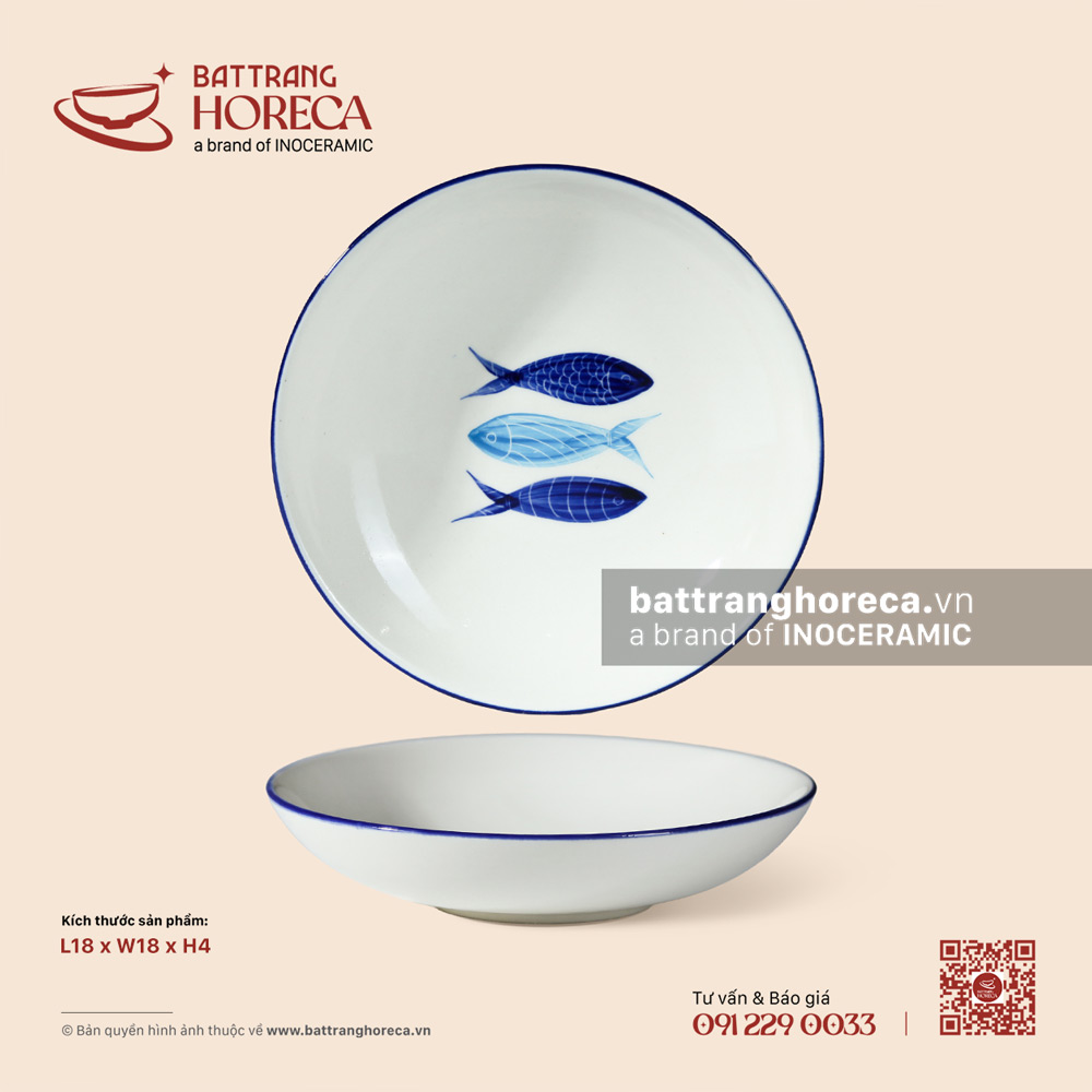 Đĩa pháp 18cm – Lam Ngư – Men ngà - Bát Tràng Horeca Đĩa pháp 18cm – Lam Ngư – Men ngà