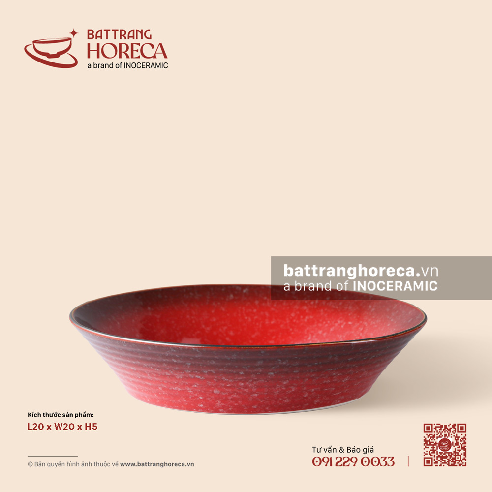 Đĩa salad thẳng thành 20cm - Hồng Ngọc (Ruby) - Men hoả biến - Bát Tràng Horeca Đĩa salad thẳng thành 20cm - Hồng Ngọc (Ruby) - Men hoả biến