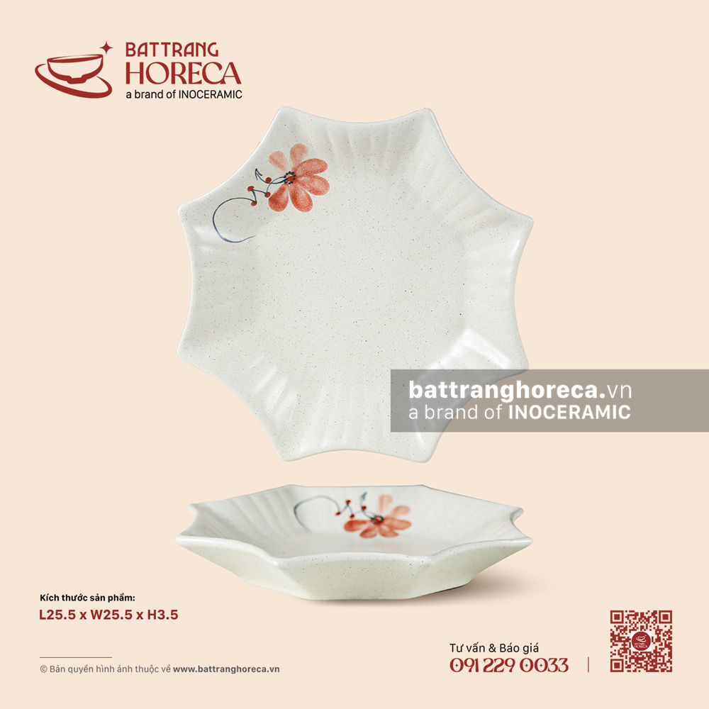 Đĩa sao 25.5cm – Hoa Ban – Men tấm - Bát Tràng Horeca Đĩa sao 25.5cm – Hoa Ban – Men tấm