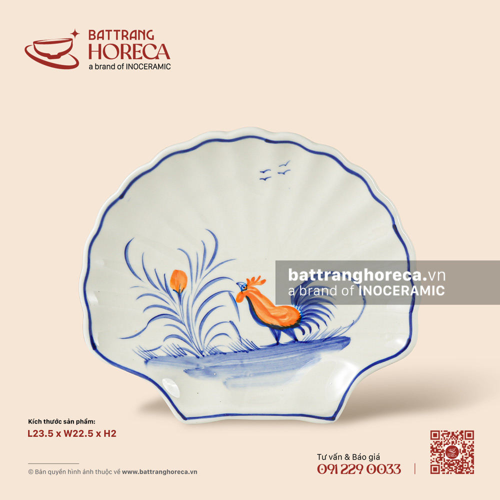 Đĩa sò 23.5 x 22.5 cm - Ô Kê - Men ngà - Bát Tràng Horeca Đĩa sò 23.5 x 22.5 cm - Ô Kê - Men ngà