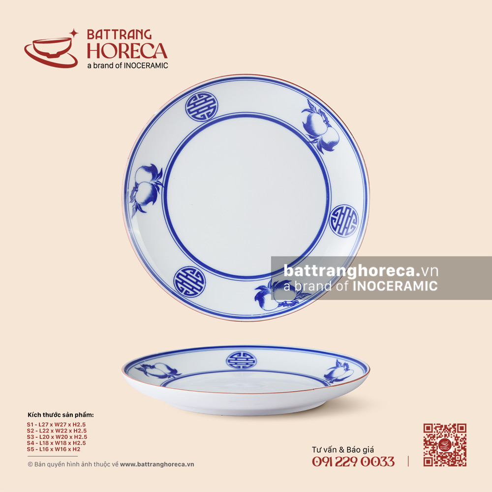 Đĩa tròn - Thọ Đào - Men trắng - Bát Tràng Horeca Đĩa tròn - Thọ Đào - Men trắng