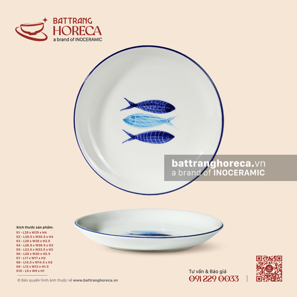 Đĩa tròn - Lam Ngư - Men ngà - Bát Tràng Horeca Đĩa tròn - Lam Ngư - Men ngà