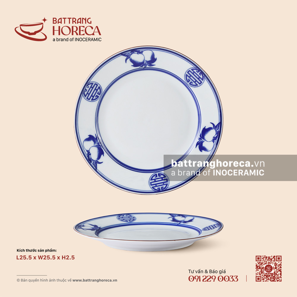 Đĩa tròn bằng (đĩa 2 lá) 25,5cm - Thọ Đào - Men trắng - Bát Tràng Horeca Đĩa tròn bằng (đĩa 2 lá) 25,5cm - Thọ Đào - Men trắng