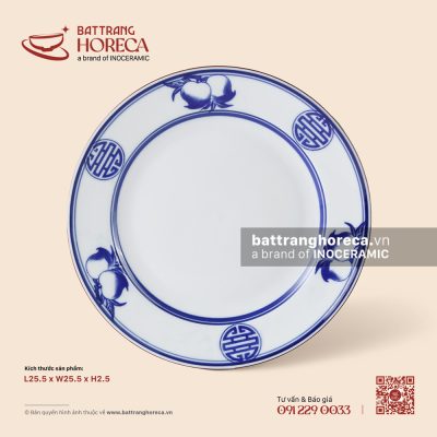 Đĩa tròn bằng (đĩa 2 lá) 25,5cm – Thọ Đào – Men trắng