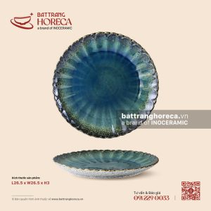 Đĩa tròn múi (đĩa cánh hoa) 26,5cm – Lam Hải – Men hoả biến