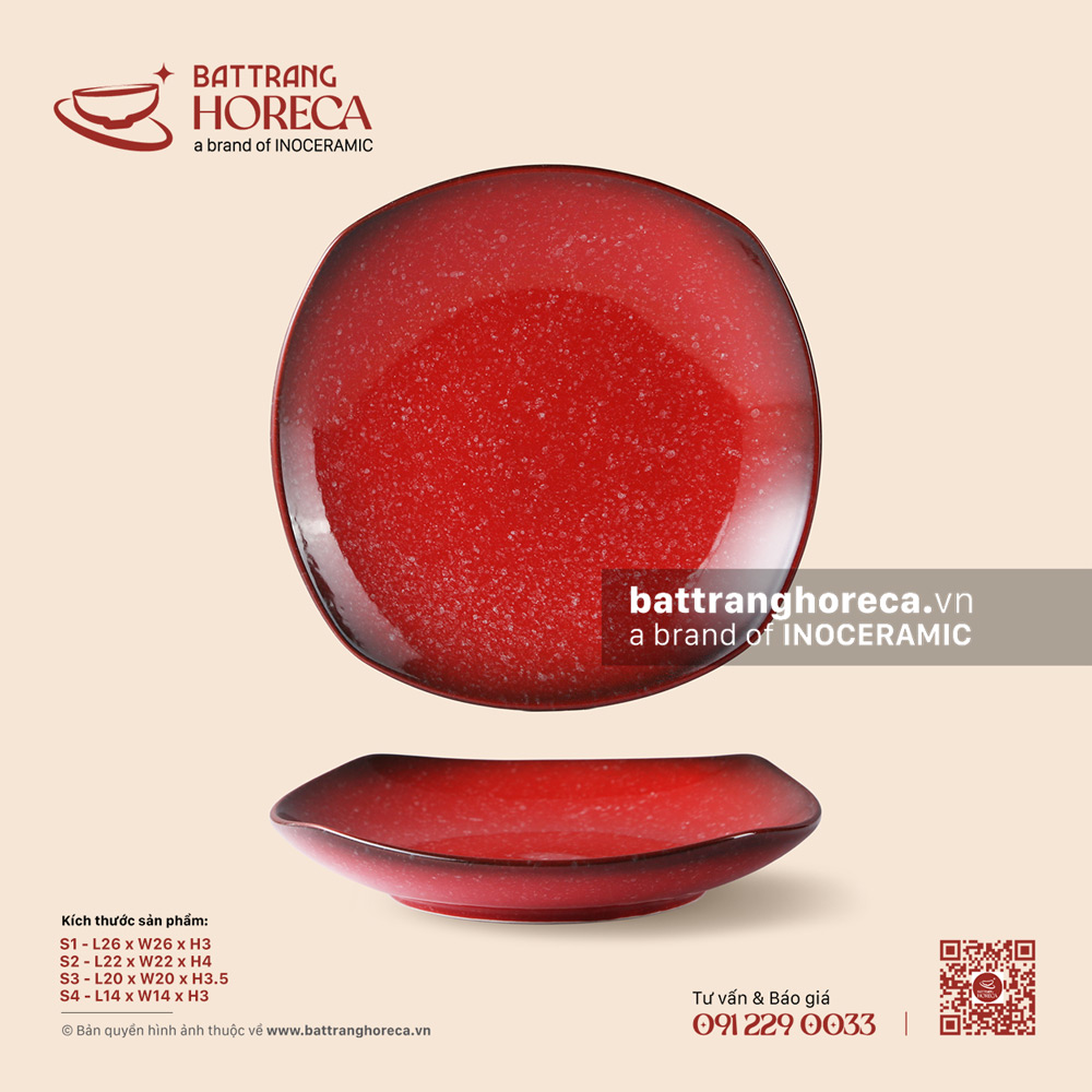 Đĩa vuông ảo - Hồng Ngọc (Ruby) - Men hoả biến - Bát Tràng Horeca Đĩa vuông ảo - Hồng Ngọc (Ruby) - Men hoả biến