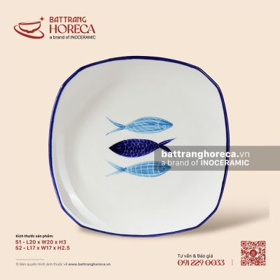 Đĩa vuông cắt góc – Lam Ngư – Men ngà