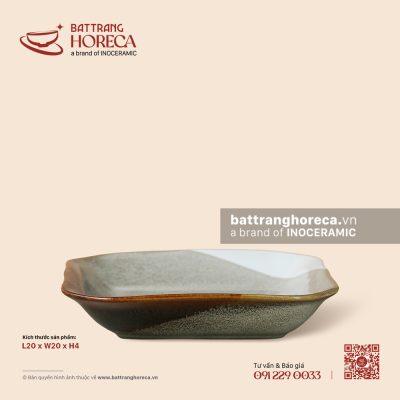 Đĩa vuông sâu lòng 20cm – Địa Nhã – Men hoả biến