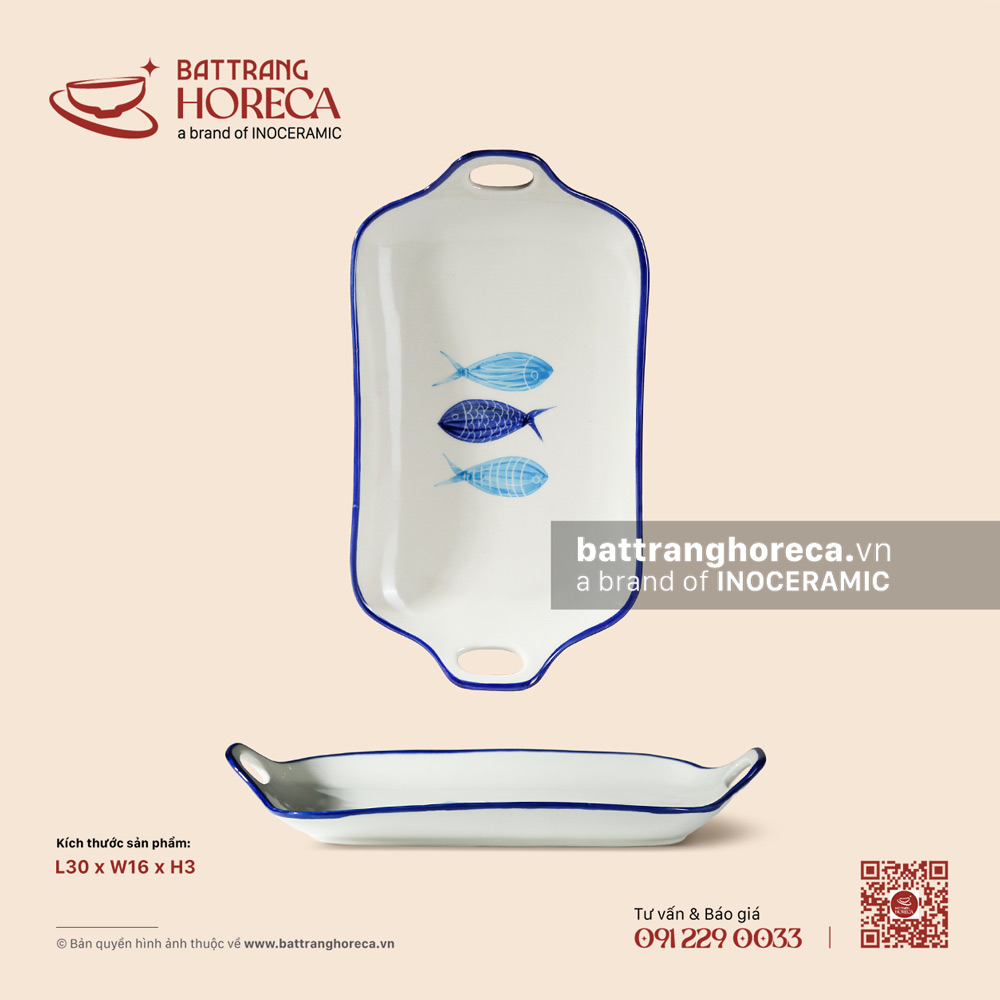 Khay hai (2) tai 30 x 16cm - Lam Ngư - Men ngà - Bát Tràng Horeca Khay hai (2) tai 30 x 16cm - Lam Ngư - Men ngà