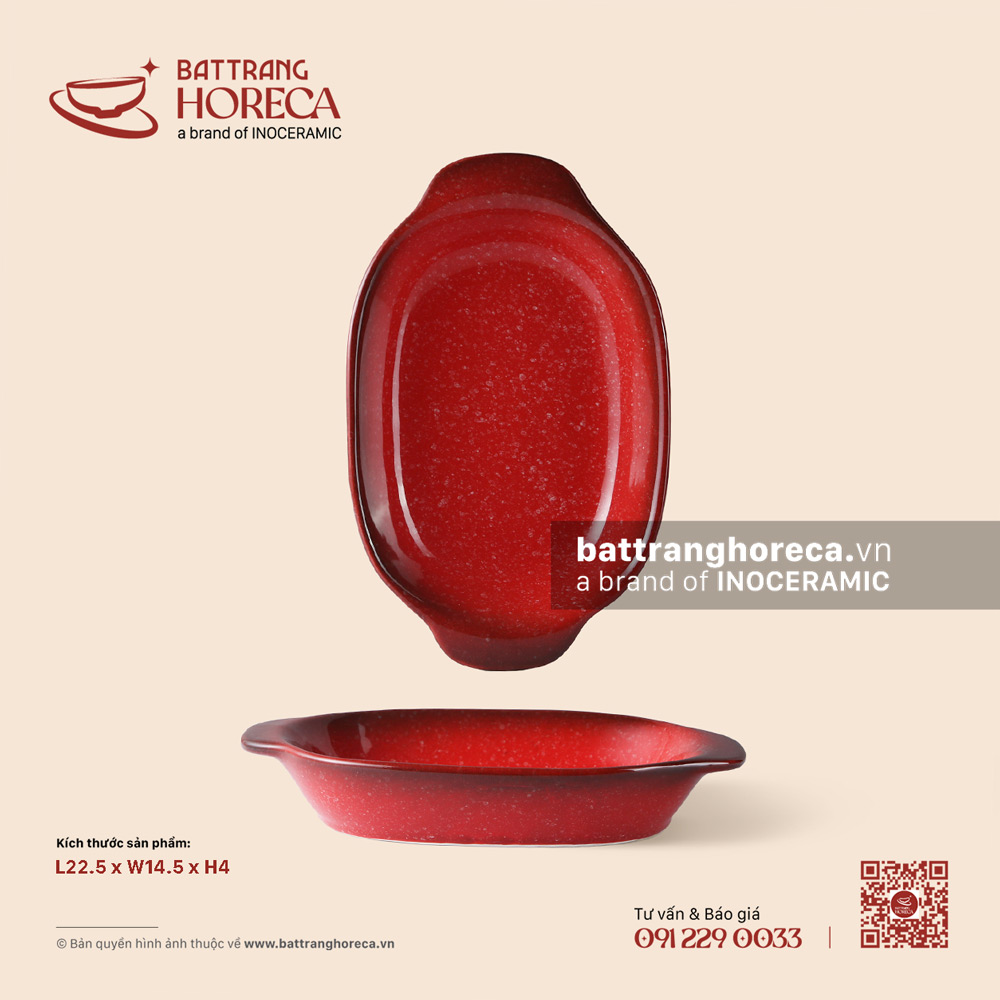 Khay hai tai 22,5 x 14,5cm - Hồng Ngọc (Ruby) - Men hoả biến - Bát Tràng Horeca Khay hai tai 22,5 x 14,5cm - Hồng Ngọc (Ruby) - Men hoả biến