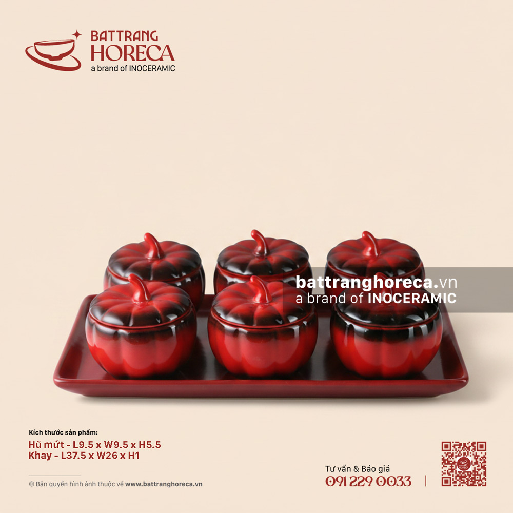 Khay hũ mứt bí đỏ 37.5 x 26cm - Hồng Ngọc (Ruby) - Men hoả biến - Bát Tràng Horeca Khay hũ mứt bí đỏ 37.5 x 26cm - Hồng Ngọc (Ruby) - Men hoả biến