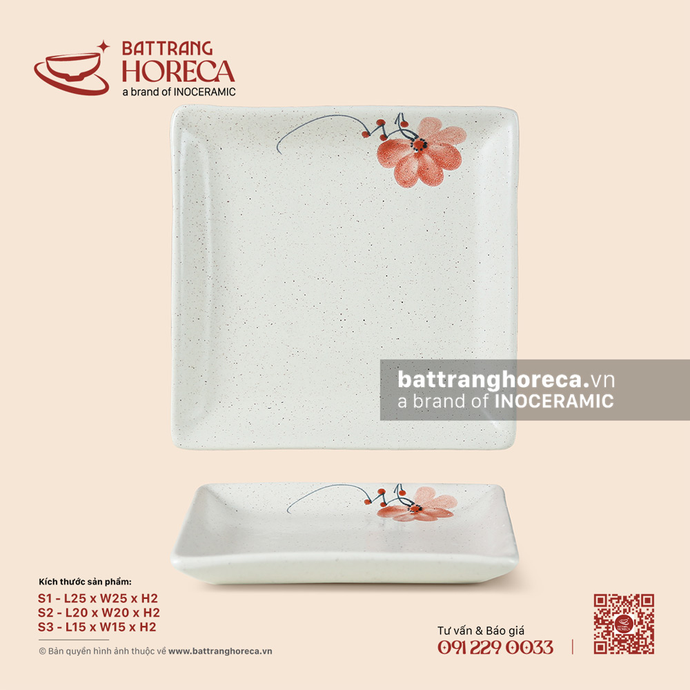 Khay vuông – Hoa Ban – Men tấm - Bát Tràng Horeca Khay vuông – Hoa Ban – Men tấm