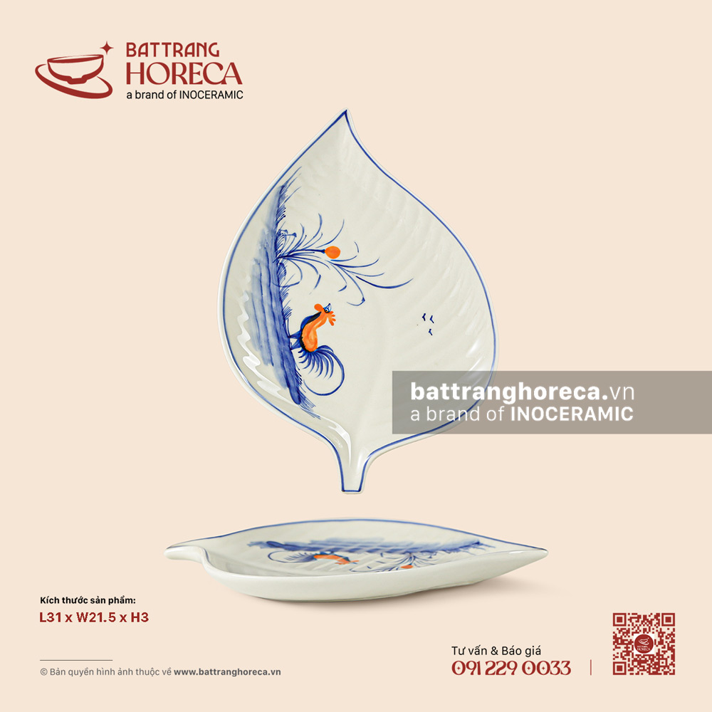 Đĩa lá rong 31 x 21.5cm – Ô Kê – Men ngà - Bát Tràng Horeca Đĩa lá rong 31 x 21.5cm – Ô Kê – Men ngà