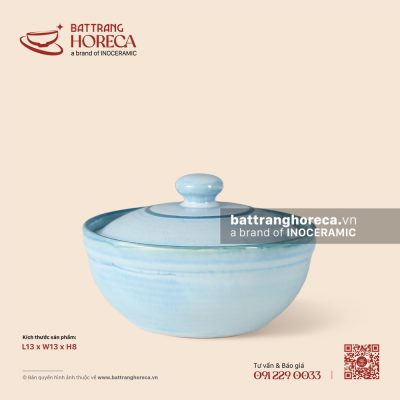 Âu (thố) cá kho không quai 13cm – Biển Xanh – Men hoả biến
