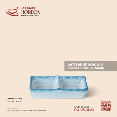 Bát (đĩa) gia vị chữ nhật 2 ngăn 11 x 7cm – Biển Xanh – Men hoả biến