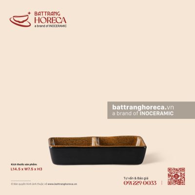 Bát (đĩa) gia vị chữ nhật 2 ngăn 14.5 x 7.5cm – Ô Thổ – Men tấm