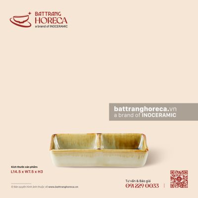 Bát (đĩa) gia vị chữ nhật 2 ngăn 14.5 x 7.5cm – Hoàng Diệp – Men hoả biến