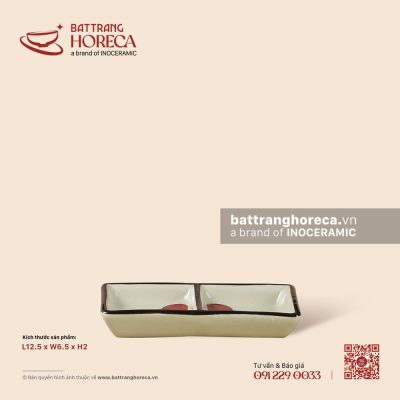 Bát (đĩa) gia vị chữ nhật hai (2) ngăn 12.5 x 6.5cm – Yên Hồng – Men ngà