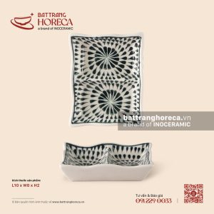 Bát (đĩa) gia vị chữ nhật lượn 2 ngăn 10 x 8cm – Loang – Men ngà