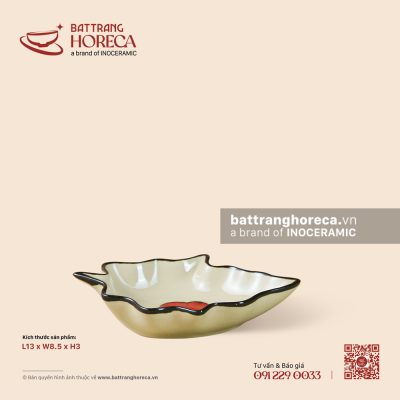 Bát (đĩa) gia vị lá 13 x 8.5cm – Yên Hồng – Men ngà
