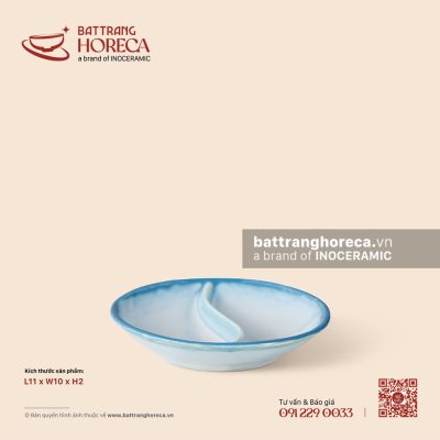 Bát (đĩa) gia vị oval 2 ngăn 11 x 10cm – Biển Xanh – Men hoả biến