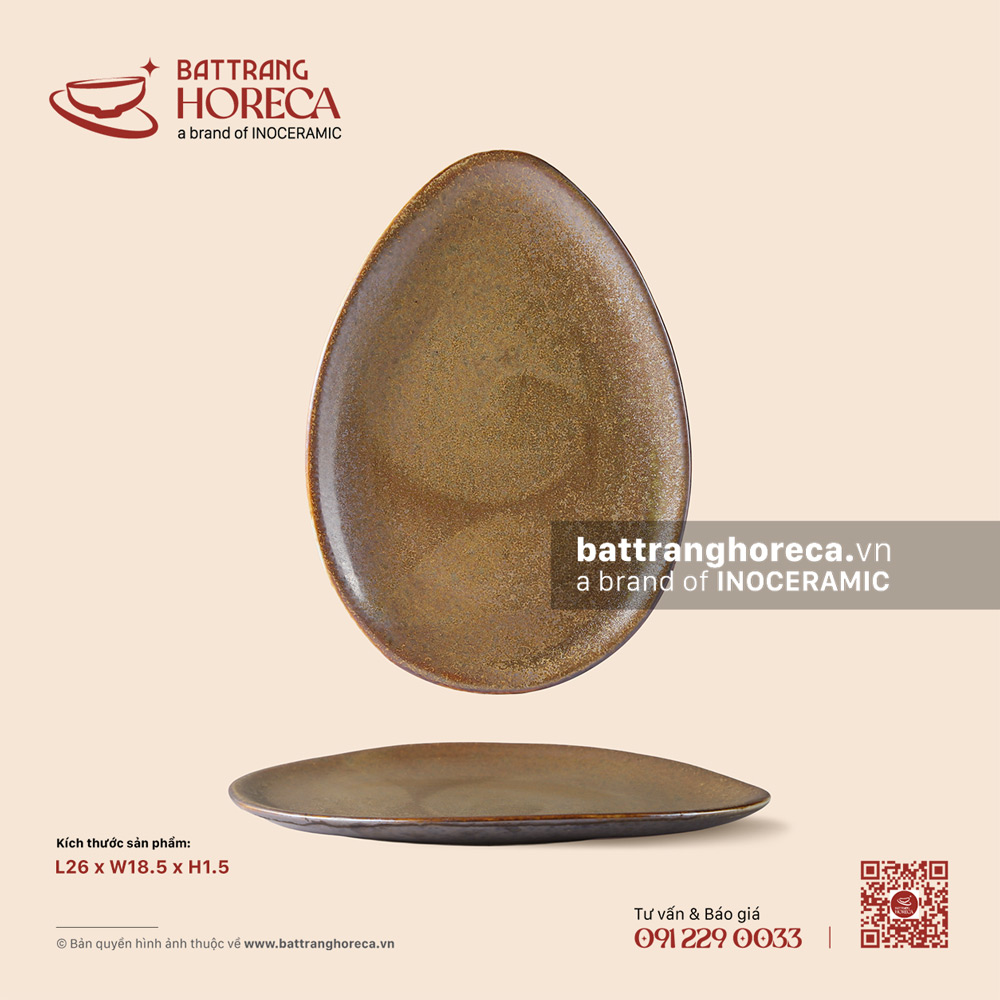 Đĩa bầu dục nhọn (đĩa trứng) 26 x 18.5cm - Thổ Viêm - Men hoả biến - Bát Tràng Horeca Đĩa bầu dục nhọn (đĩa trứng) 26 x 18.5cm - Thổ Viêm - Men hoả biến