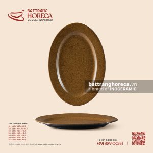 Đĩa bầu dục (oval) 42 x 27cm – Ô Thổ – Men tấm - Bát Tràng Horeca Đĩa bầu dục (oval) 42 x 27cm – Ô Thổ – Men tấm