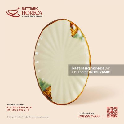 Đĩa bầu dục (oval) múi – Hoàng Diệp – Men hoả biến