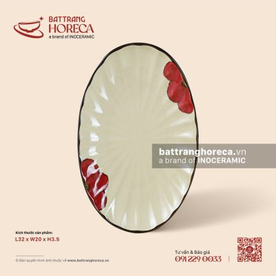 Đĩa bầu dục (oval) múi 32 x 20cm – Yên Hồng – Men ngà