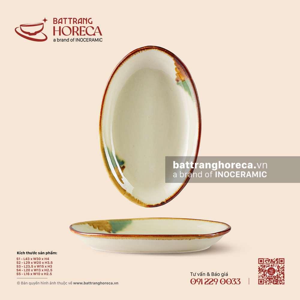 Đĩa bầu dục (oval) sâu – Hoàng Diệp – Men hoả biến - Bát Tràng Horeca Đĩa bầu dục (oval) sâu – Hoàng Diệp – Men hoả biến