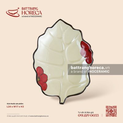 Đĩa lá bỏng 24 x 17cm – Yên Hồng – Men ngà