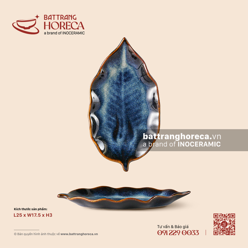 Đĩa lá dong 25 x 17.5cm - Lam Vân - Bát Tràng Horeca Đĩa lá dong 25 x 17.5cm - Lam Vân