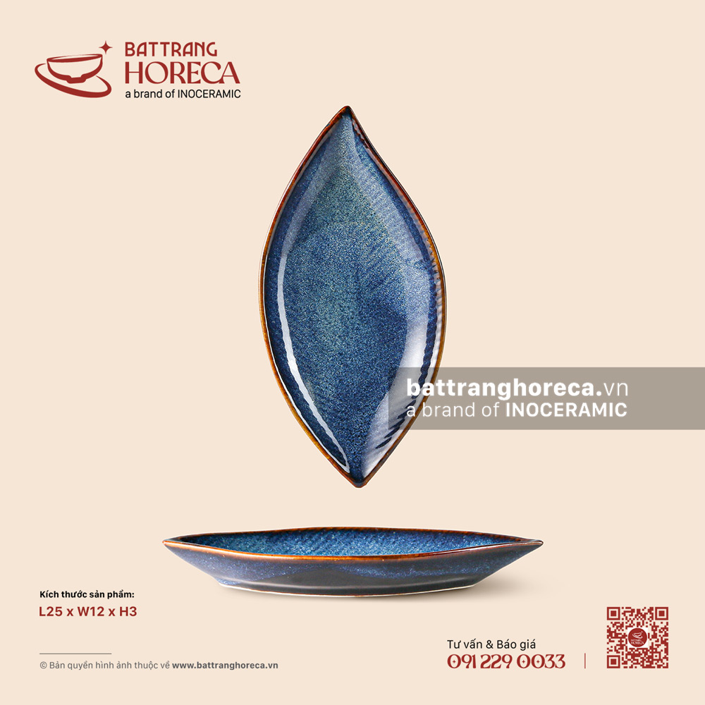 Đĩa lá nhọn 25 x 12cm – Lam Vân - Bát Tràng Horeca Đĩa lá nhọn 25 x 12cm – Lam Vân