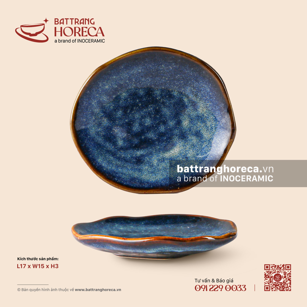 Đĩa méo 17 x 15cm - Lam Vân - Bát Tràng Horeca Đĩa méo 17 x 15cm - Lam Vân